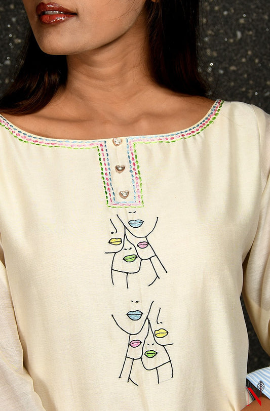 Cream Pure Silk Chanderi Hand Embroidered Suit Set - Naksheband