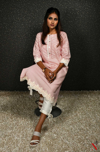 White And Red Pure Cotton Suit Set - Naksheband