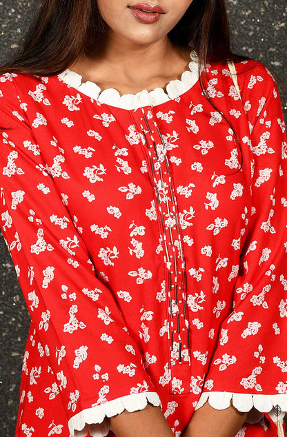 Red Printed Pure Cotton Hand Embroidered Suit Set - Naksheband