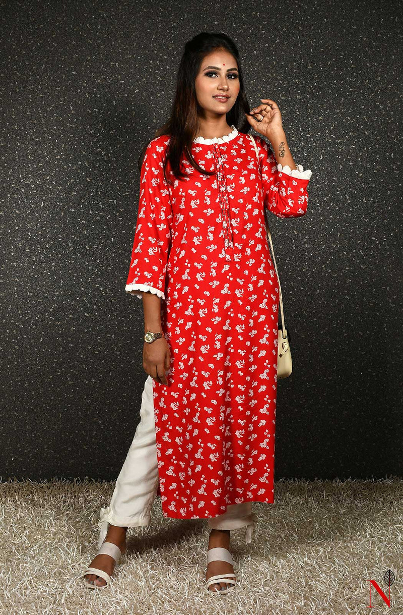 Red Printed Pure Cotton Hand Embroidered Suit Set - Naksheband