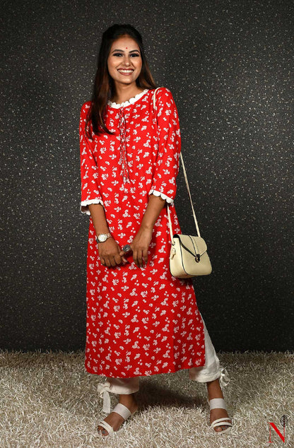 Red Printed Pure Cotton Hand Embroidered Suit Set - Naksheband