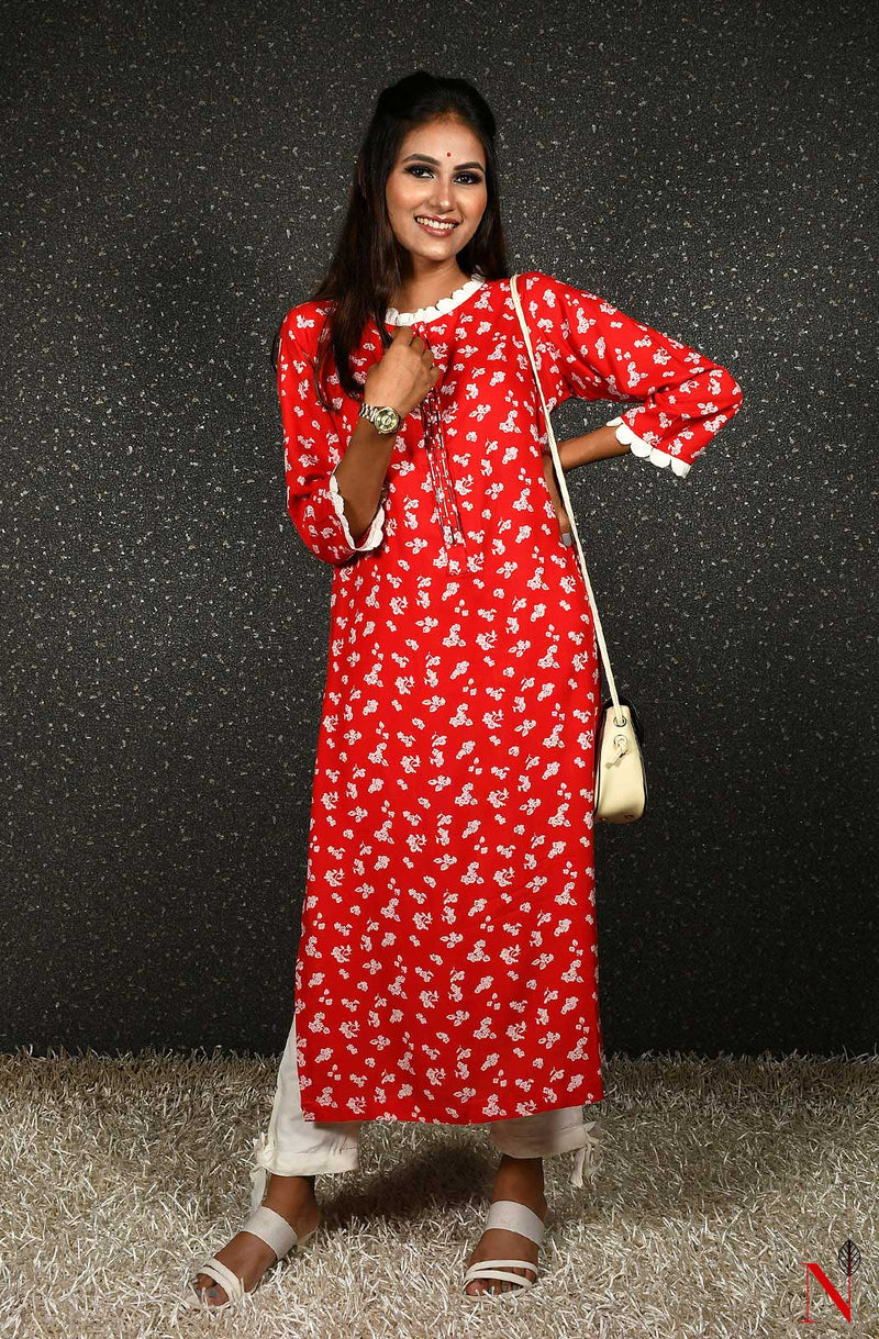 Red Printed Pure Cotton Hand Embroidered Suit Set - Naksheband