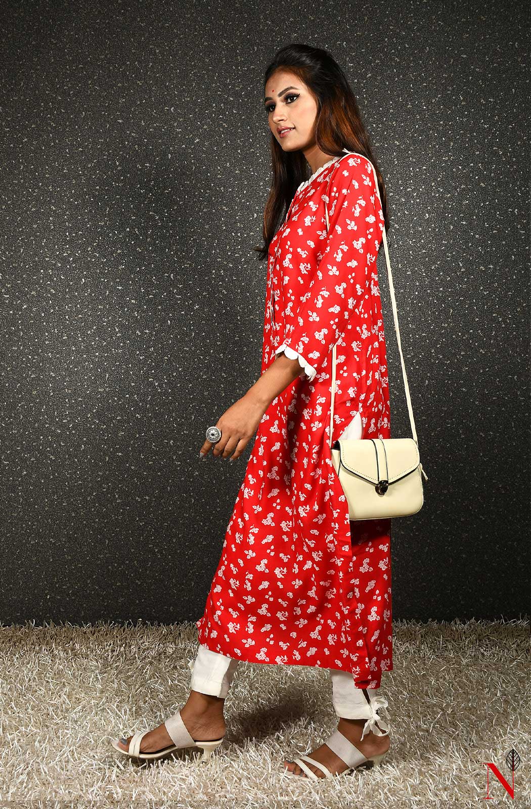 Red Printed Pure Cotton Hand Embroidered Suit Set - Naksheband