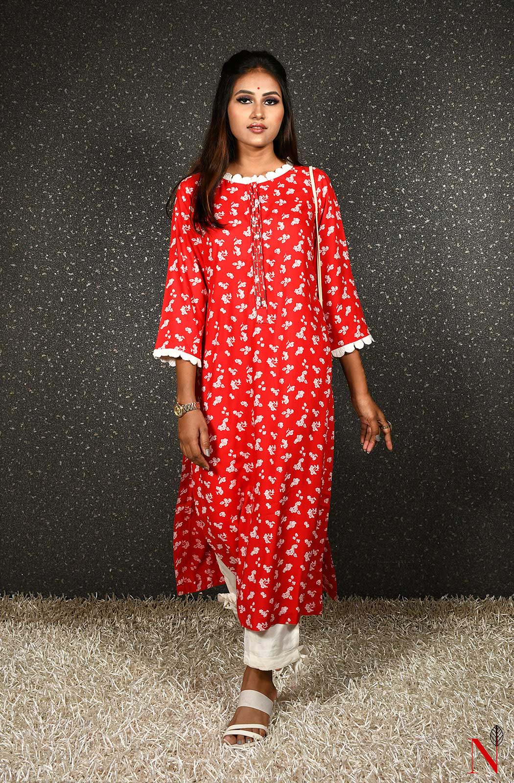 Red Printed Pure Cotton Hand Embroidered Suit Set - Naksheband