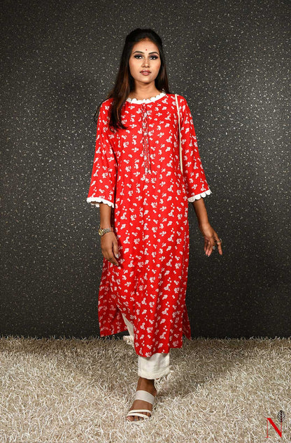 Red Printed Pure Cotton Hand Embroidered Suit Set - Naksheband
