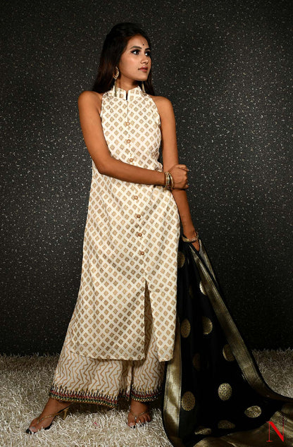 White Pure Cotton Hand Embroidered Suit Set - Naksheband