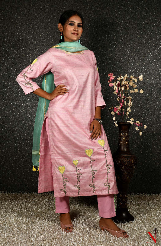 Pink Pure Cotton Hand Embroidered Suit Set - Naksheband