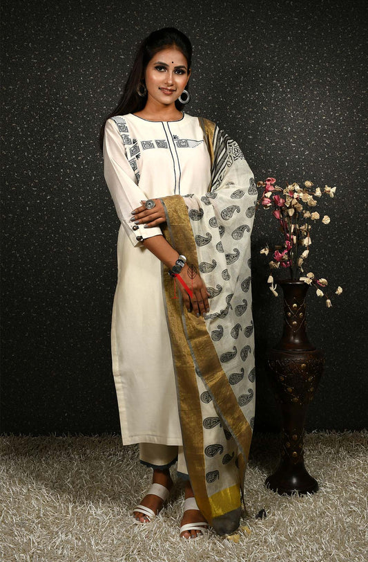 Cream Pure Cotton Hand Embroidered Suit Set - Naksheband