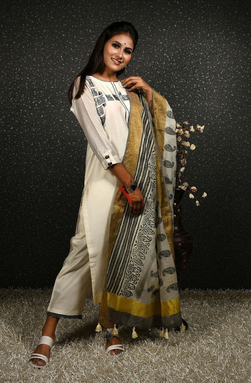 Cream Pure Cotton Hand Embroidered Suit Set