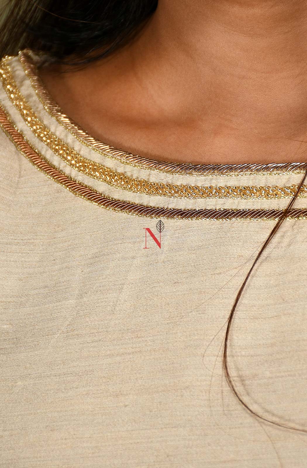 Beige Pure Muga Silk Suit Set Hand Embroidery - Naksheband