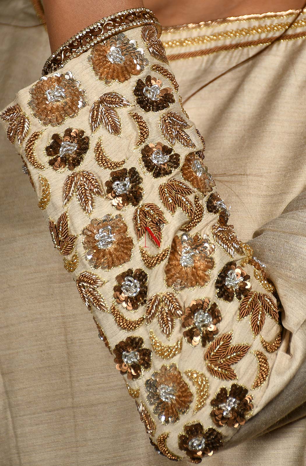 Beige Pure Muga Silk Suit Set Hand Embroidery - Naksheband
