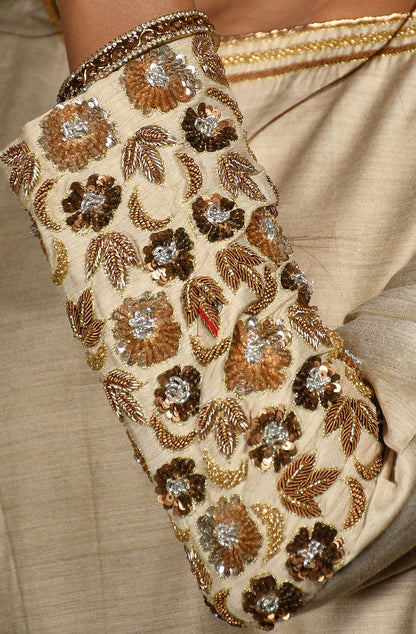 Beige Pure Muga Silk Suit Set Hand Embroidery - Naksheband