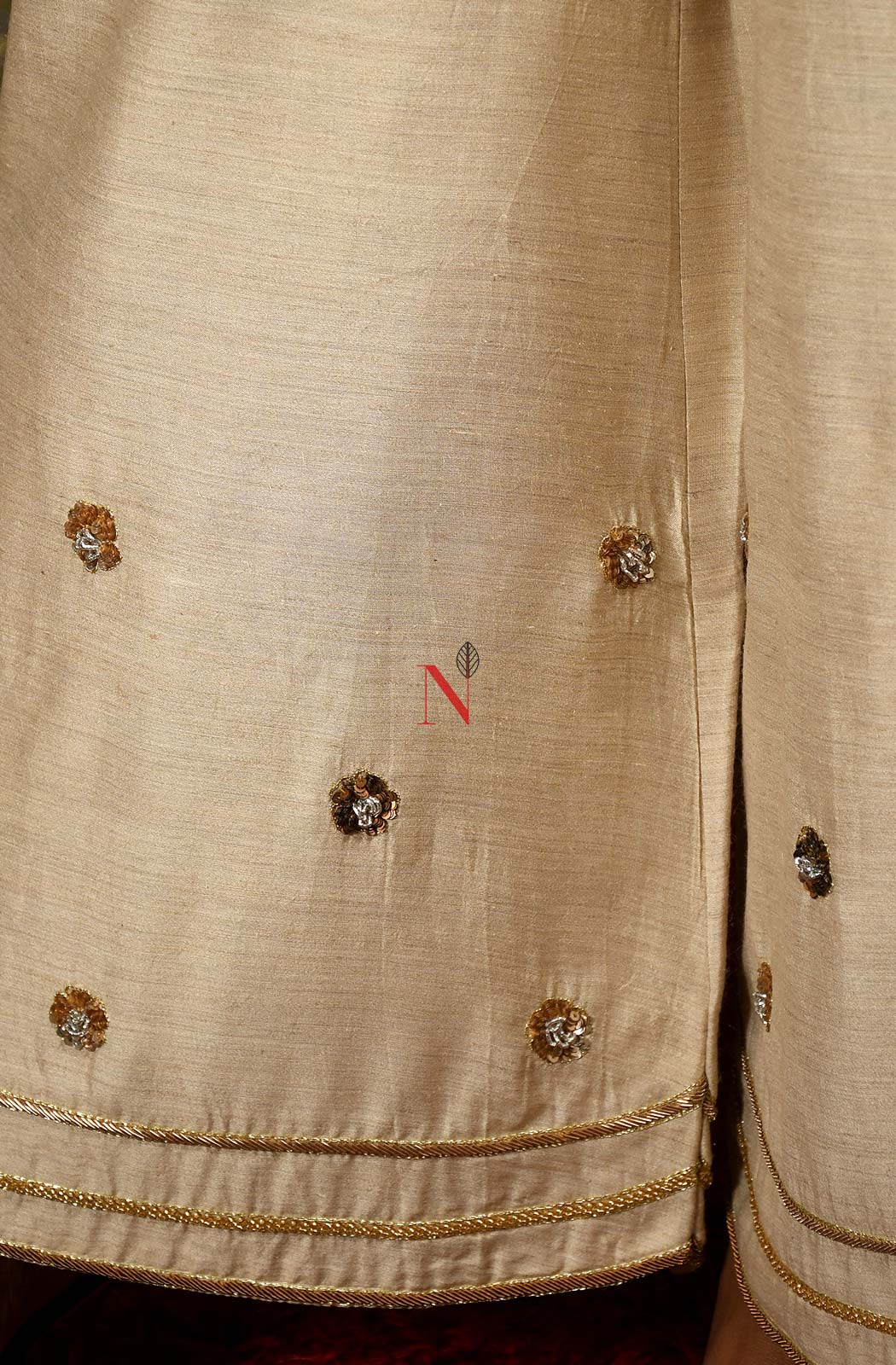 Beige Pure Muga Silk Suit Set Hand Embroidery - Naksheband