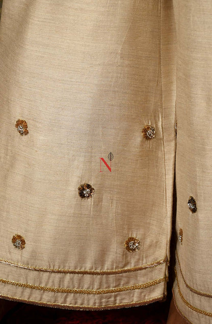 Beige Pure Muga Silk Suit Set Hand Embroidery - Naksheband