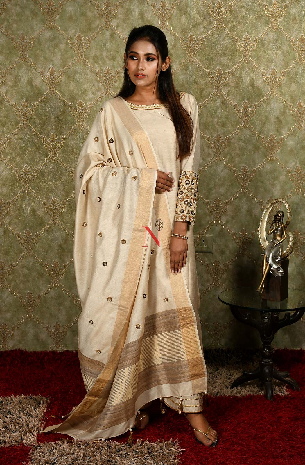 Beige Pure Muga Silk Suit Set Hand Embroidery - Naksheband