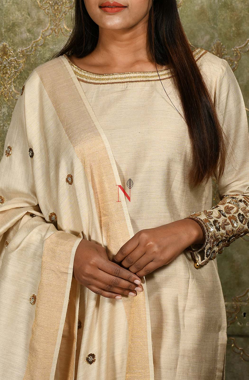 Beige Pure Muga Silk Suit Set Hand Embroidery - Naksheband