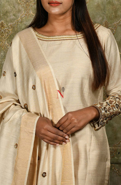 Beige Pure Muga Silk Suit Set Hand Embroidery - Naksheband