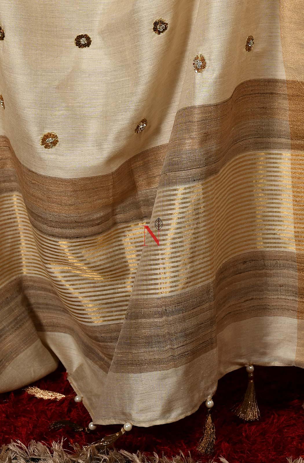 Beige Pure Muga Silk Suit Set Hand Embroidery - Naksheband