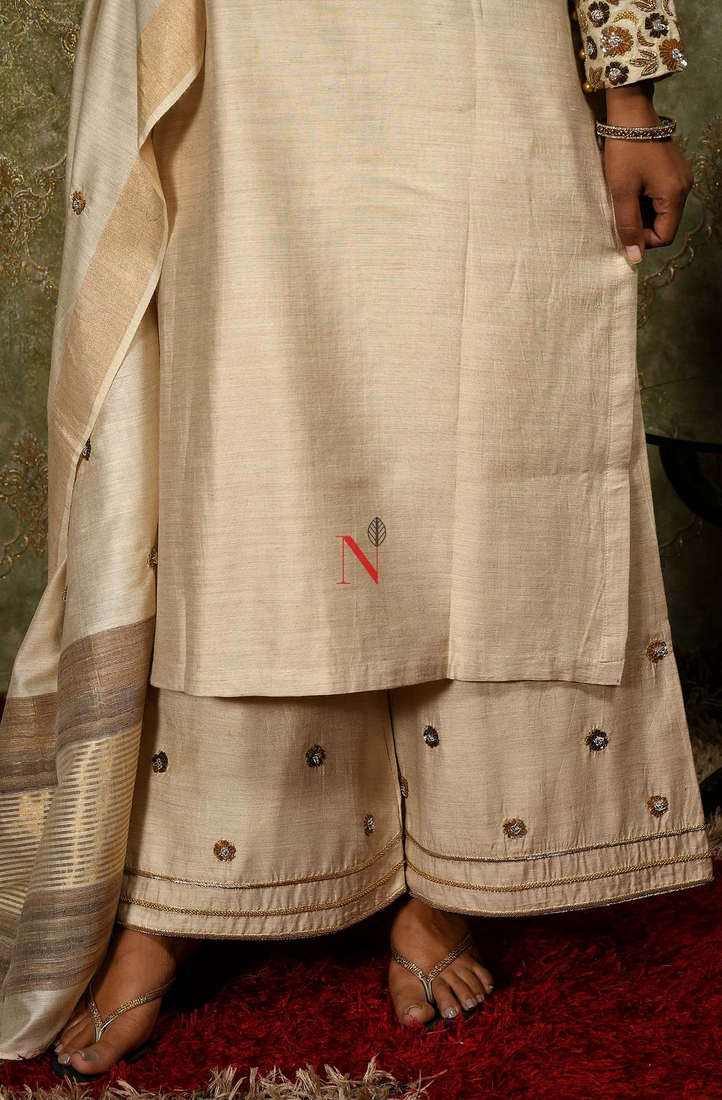Beige Pure Muga Silk Suit Set Hand Embroidery - Naksheband