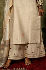 Beige Pure Muga Silk Suit Set Hand Embroidery