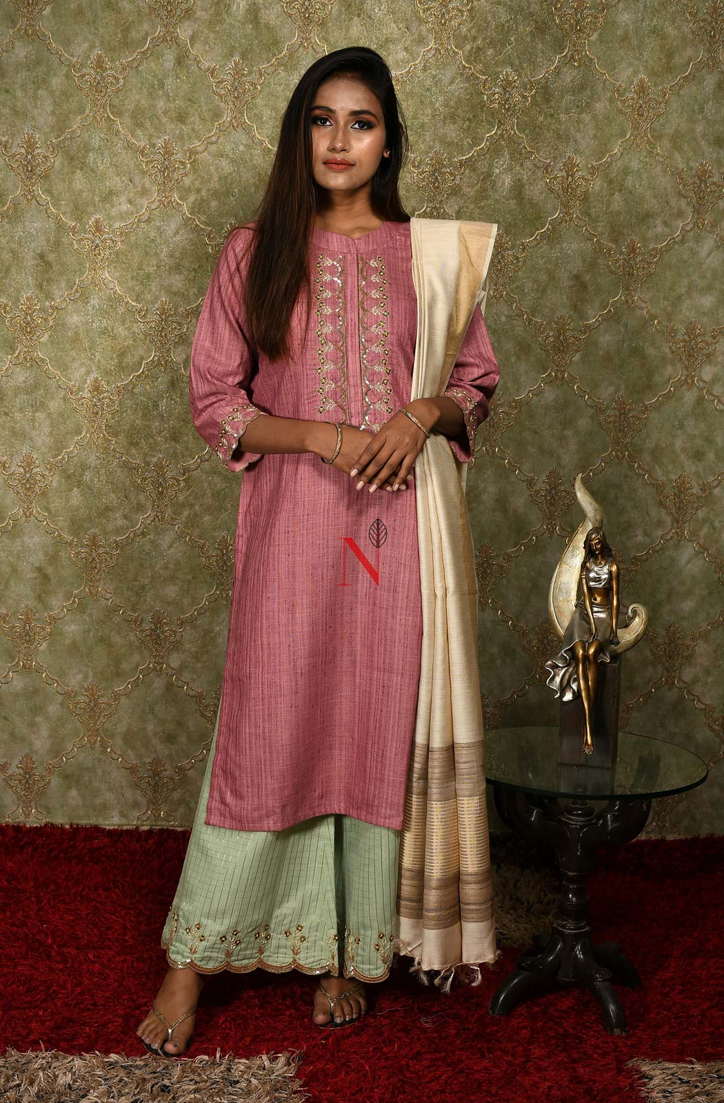 Onion Pink Cotton Khadi Hand Embroidered Suit Set - Naksheband