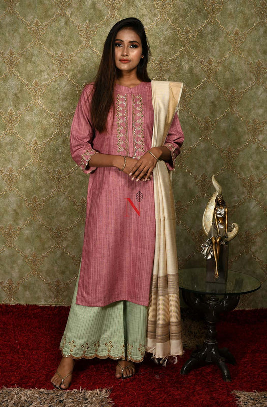 Onion Pink Cotton Khadi Hand Embroidered Suit Set - Naksheband