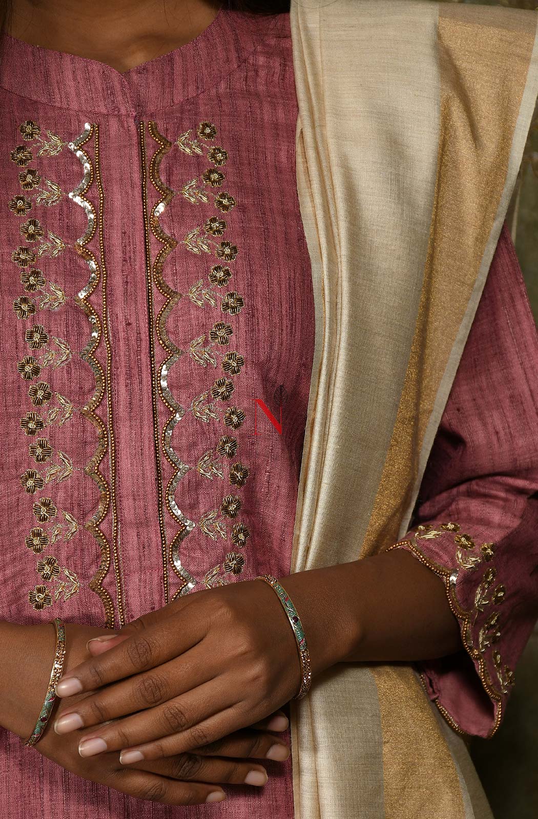Onion Pink Cotton Khadi Hand Embroidered Suit Set - Naksheband