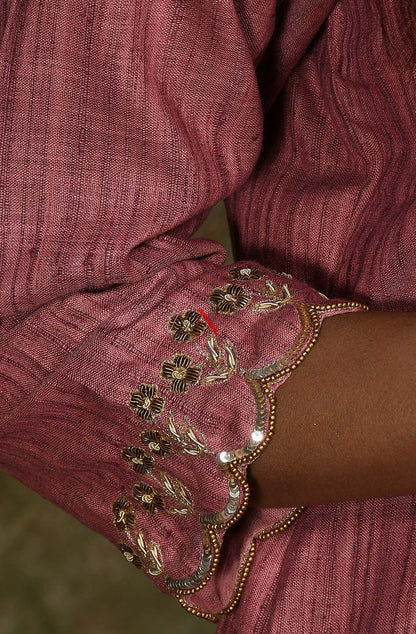 Onion Pink Cotton Khadi Hand Embroidered Suit Set - Naksheband