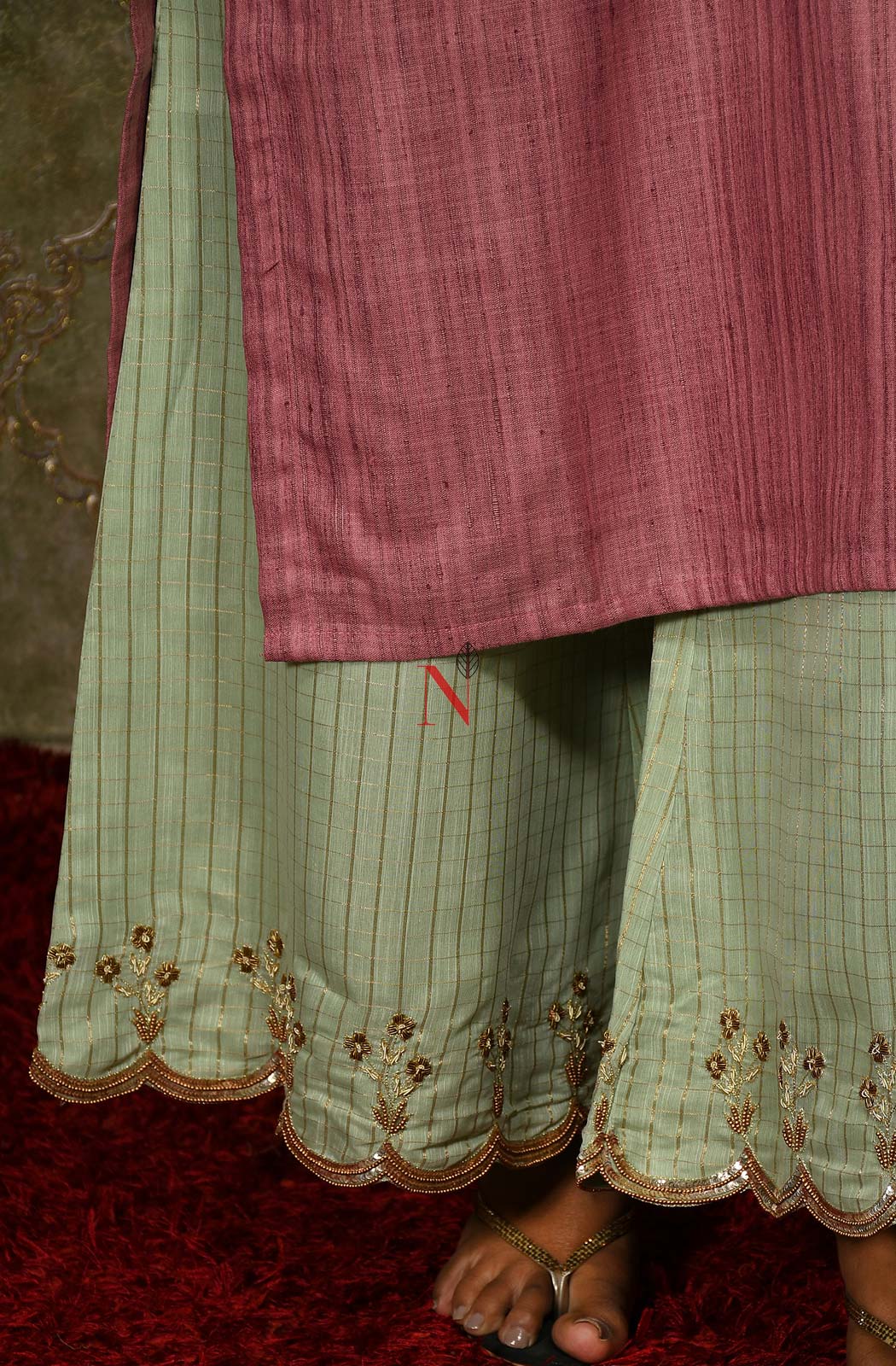 Onion Pink Cotton Khadi Hand Embroidered Suit Set - Naksheband