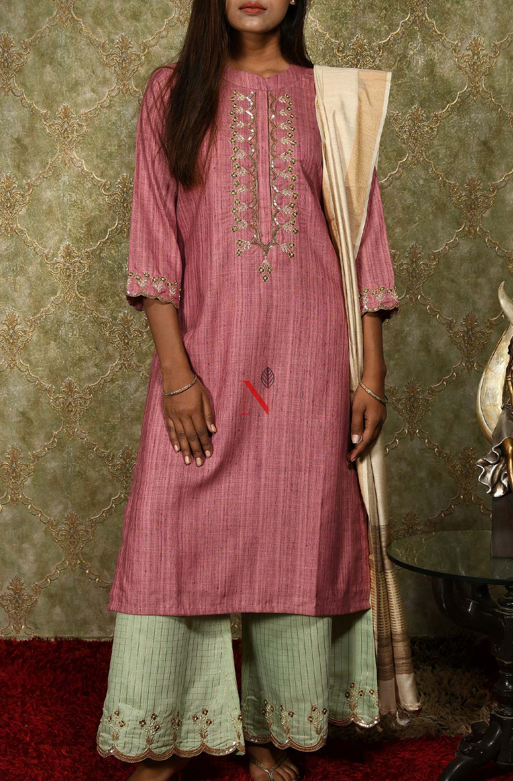 Onion Pink Cotton Khadi Hand Embroidered Suit Set - Naksheband