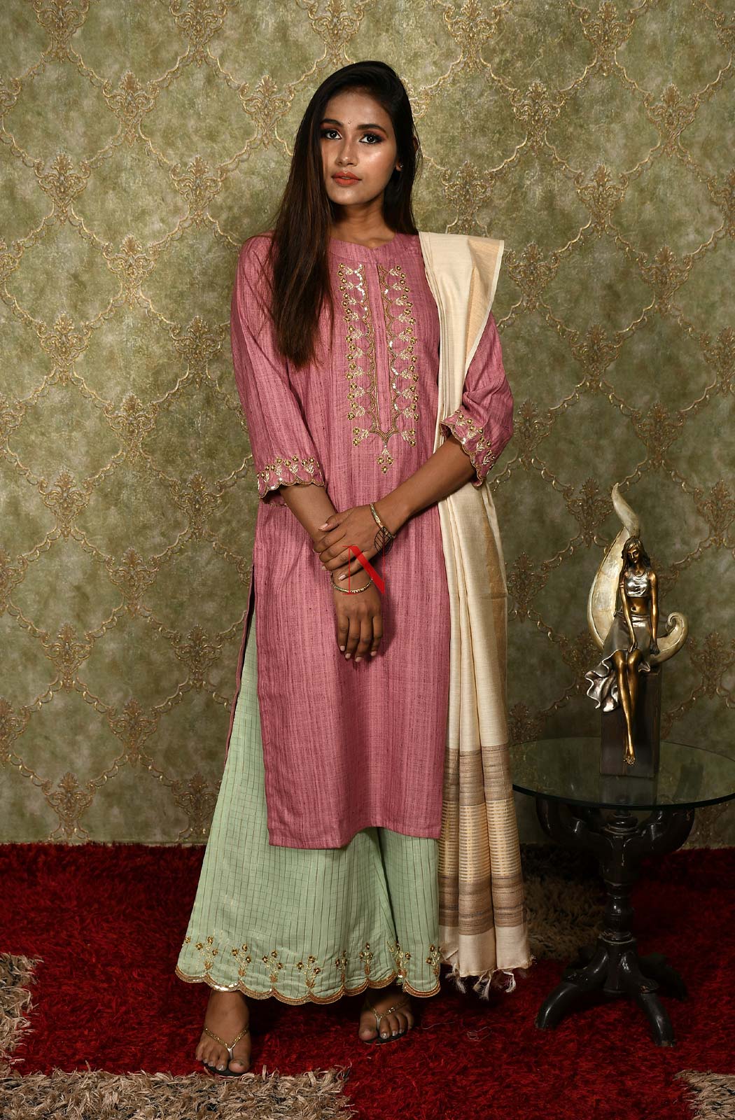 Onion Pink Cotton Khadi Hand Embroidered Suit Set - Naksheband