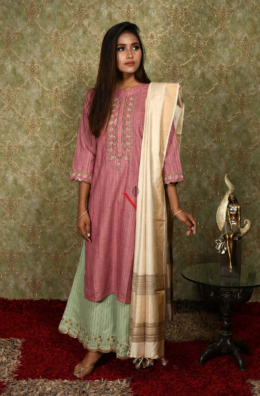 Onion Pink Cotton Khadi Hand Embroidered Suit Set - Naksheband