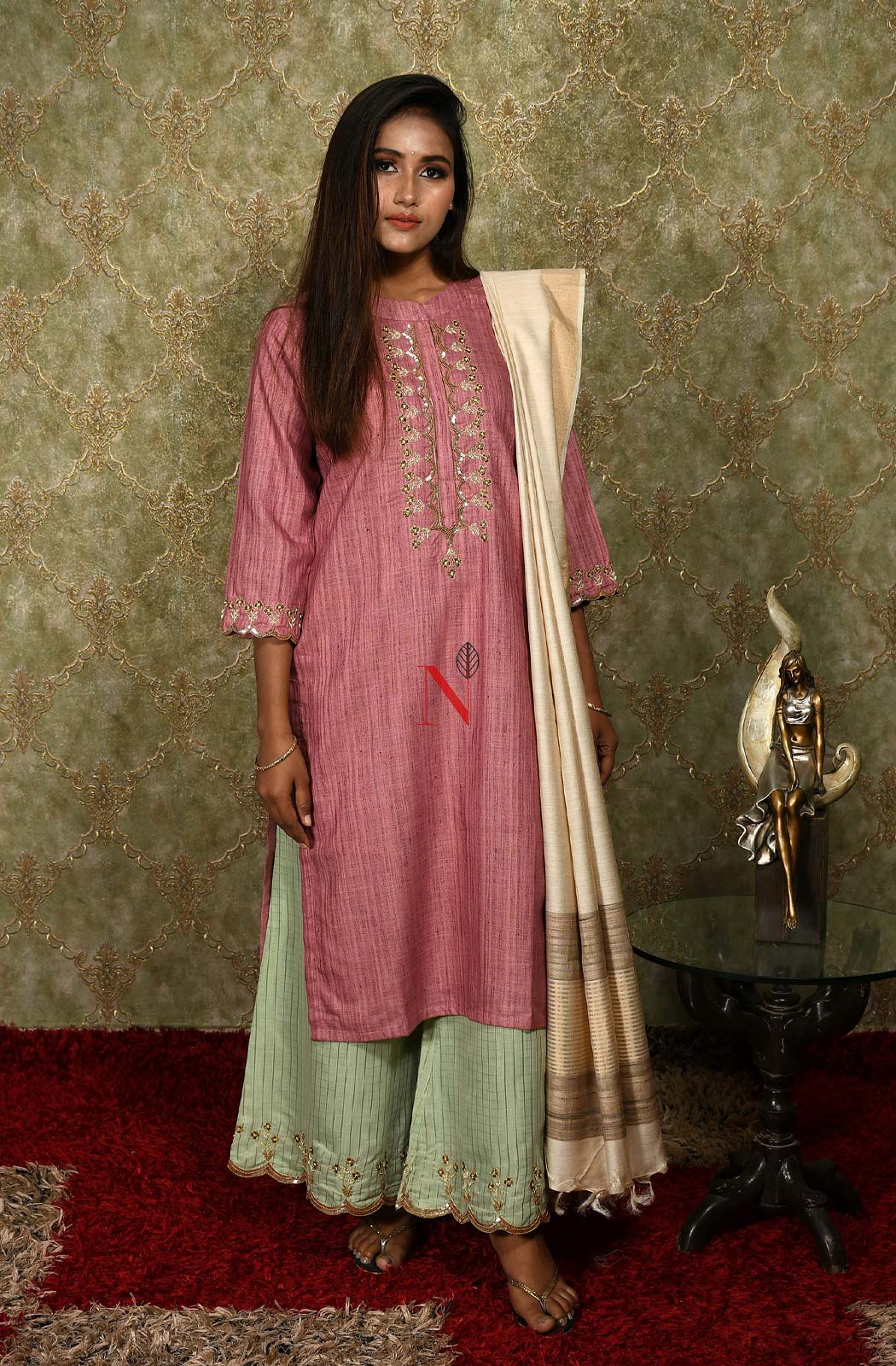 Onion Pink Cotton Khadi Hand Embroidered Suit Set - Naksheband