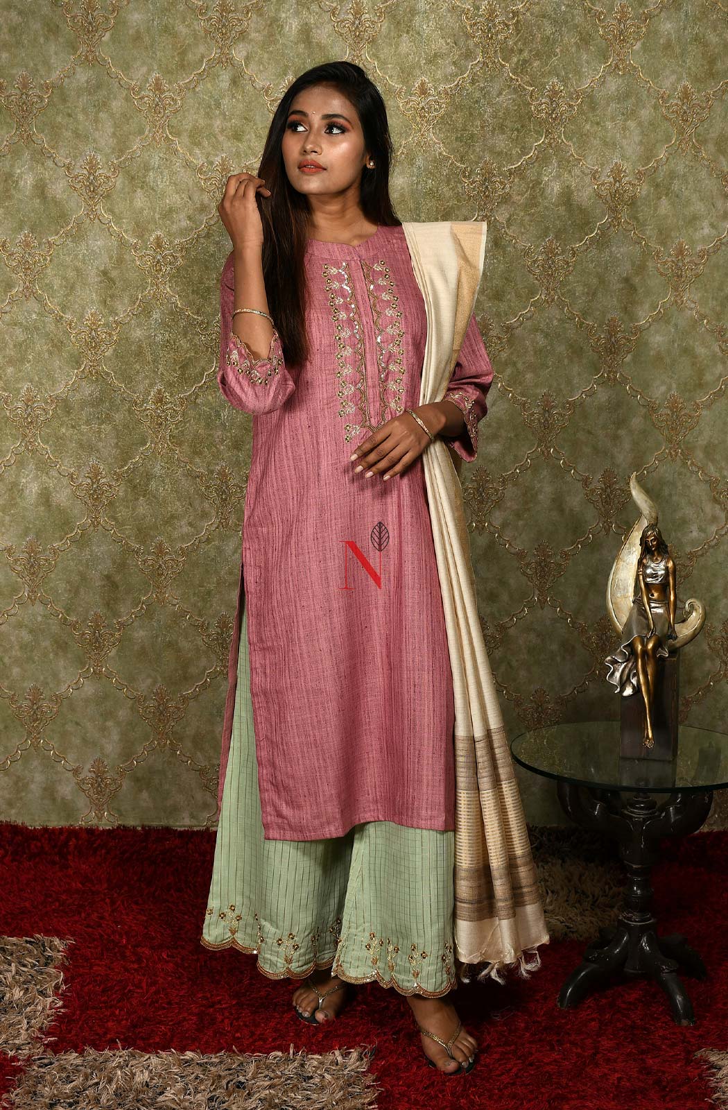 Onion Pink Cotton Khadi Hand Embroidered Suit Set - Naksheband