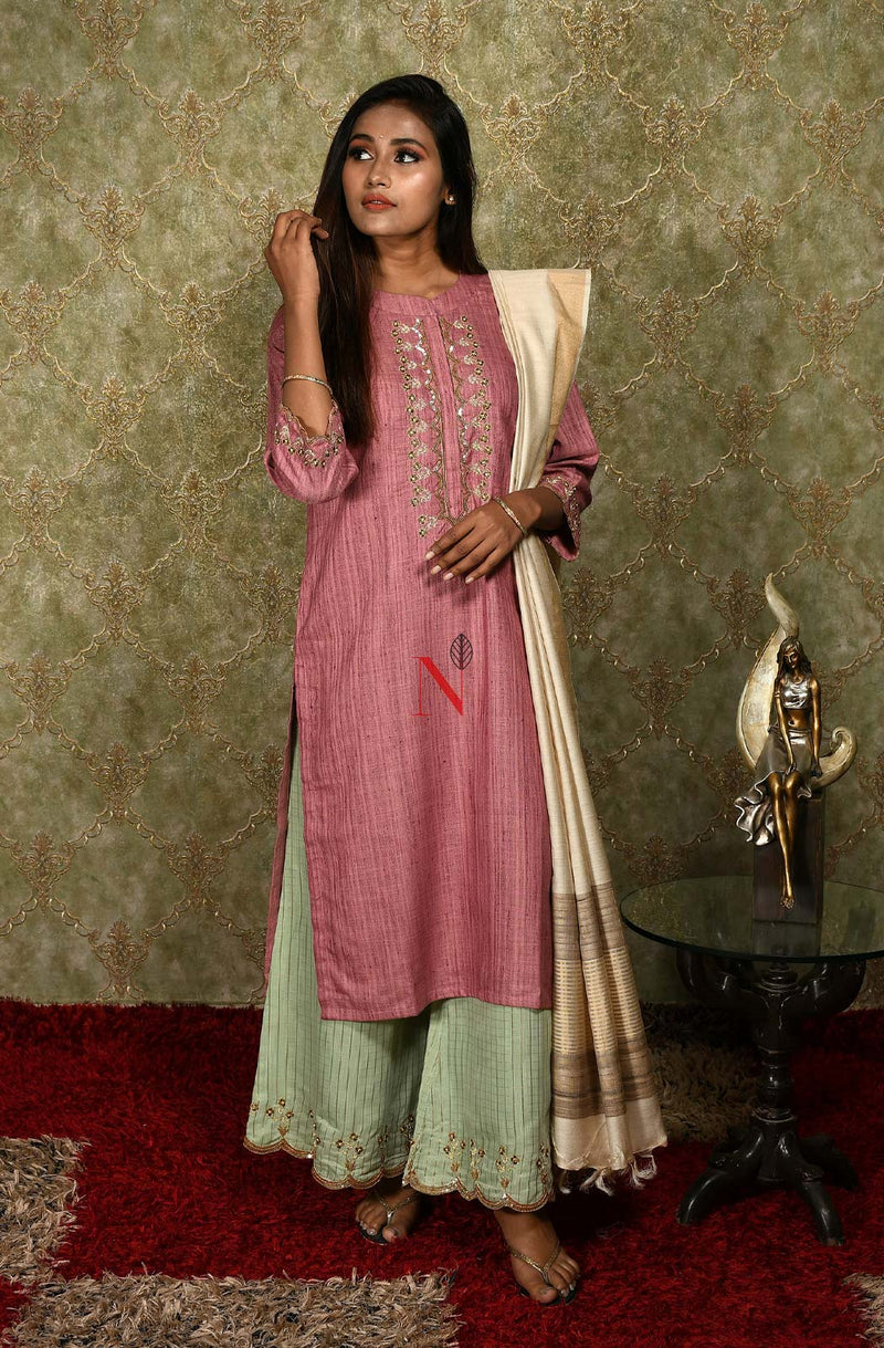 Onion Pink Cotton Khadi Hand Embroidered Suit Set