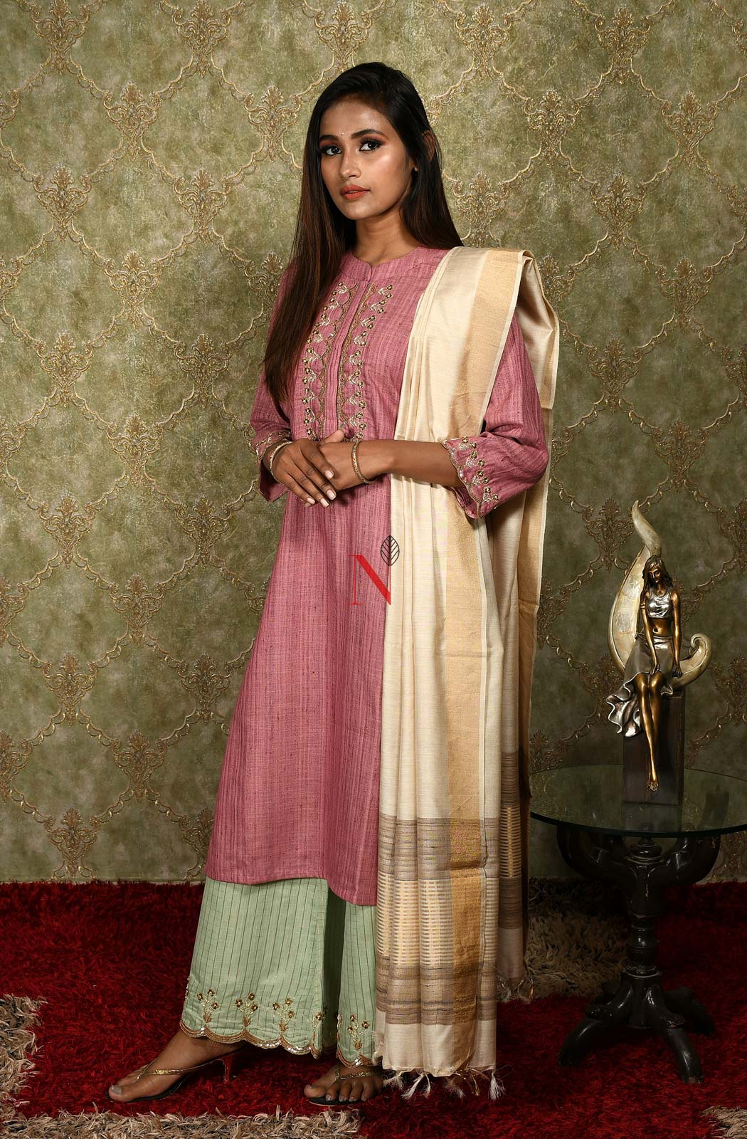 Onion Pink Cotton Khadi Hand Embroidered Suit Set - Naksheband