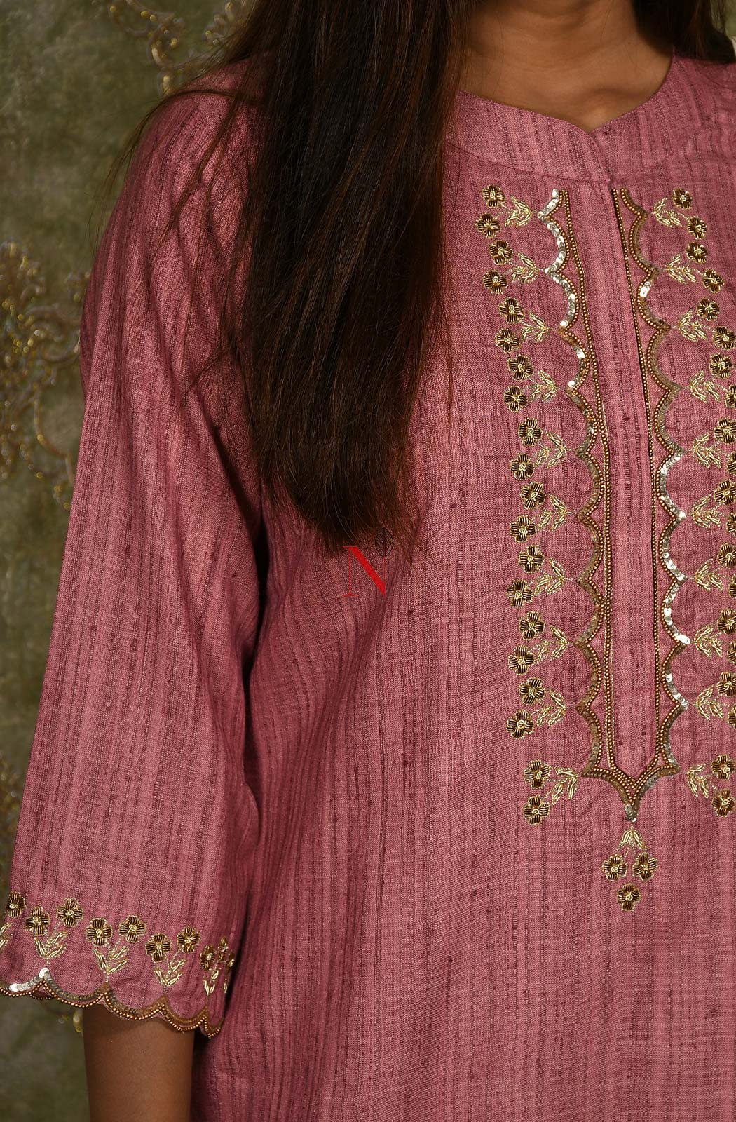 Onion Pink Cotton Khadi Hand Embroidered Suit Set - Naksheband