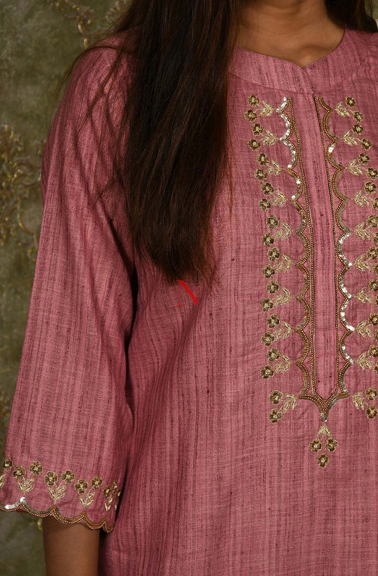 Onion Pink Cotton Khadi Hand Embroidered Suit Set - Naksheband
