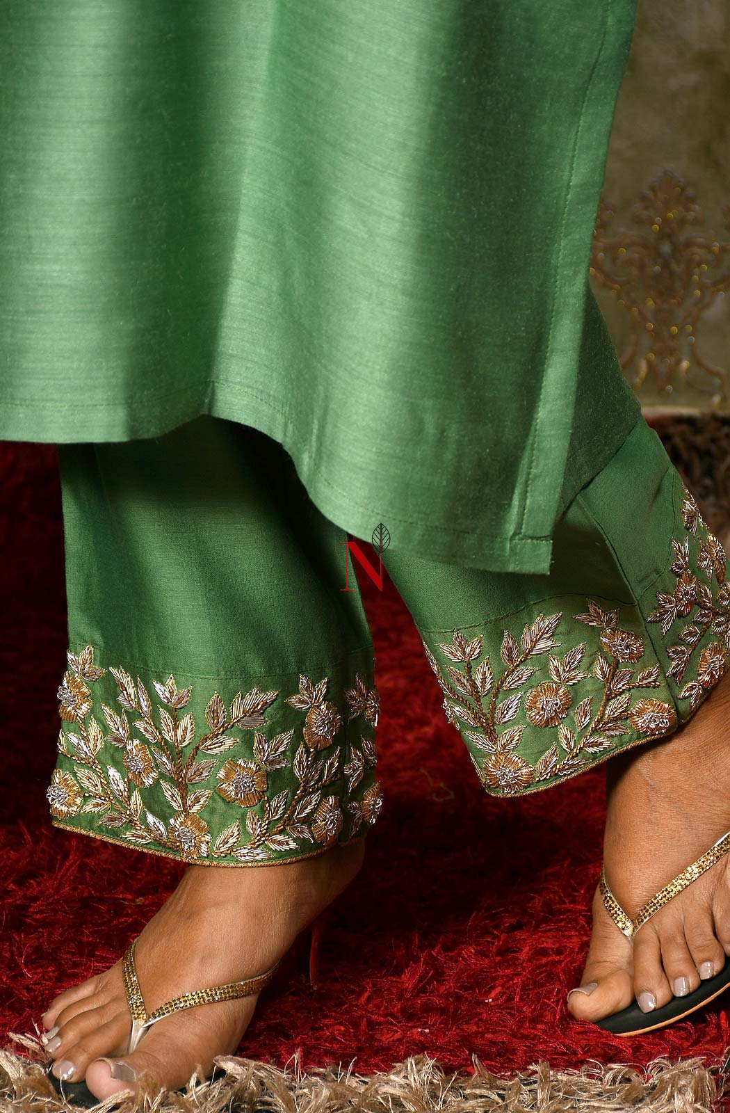 Pista Green Color Pure Muga Silk Suit Set Hand Embroidery - Sage - Naksheband