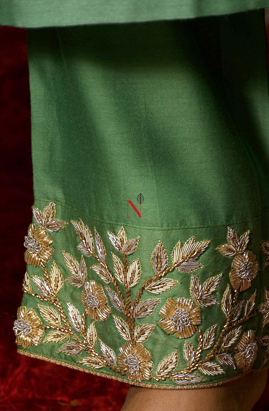 Pista Green Color Pure Muga Silk Suit Set Hand Embroidery - Sage - Naksheband