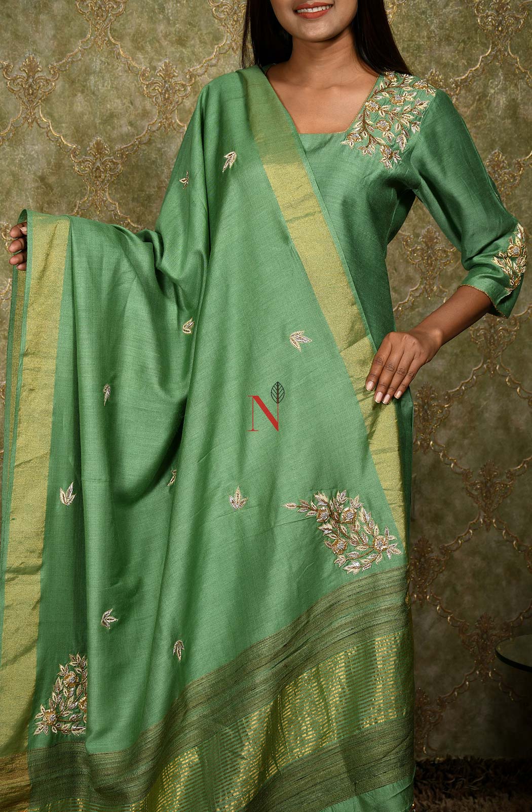 Pista Green Color Pure Muga Silk Suit Set Hand Embroidery - Sage - Naksheband