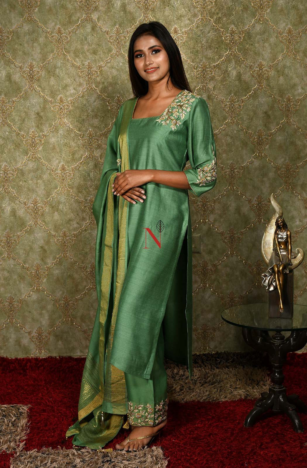 Pista Green Color Pure Muga Silk Suit Set Hand Embroidery - Sage - Naksheband