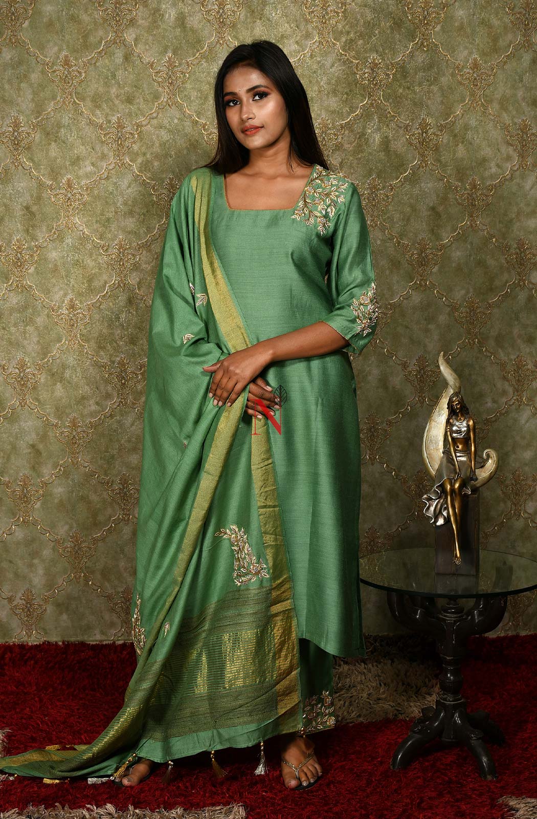 Pista Green Color Pure Muga Silk Suit Set Hand Embroidery - Sage - Naksheband