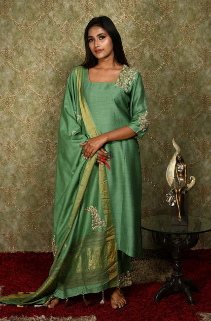 Pista Green Color Pure Muga Silk Suit Set Hand Embroidery - Sage - Naksheband