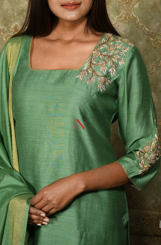 Pista Green Color Pure Muga Silk Suit Set Hand Embroidery - Sage - Naksheband