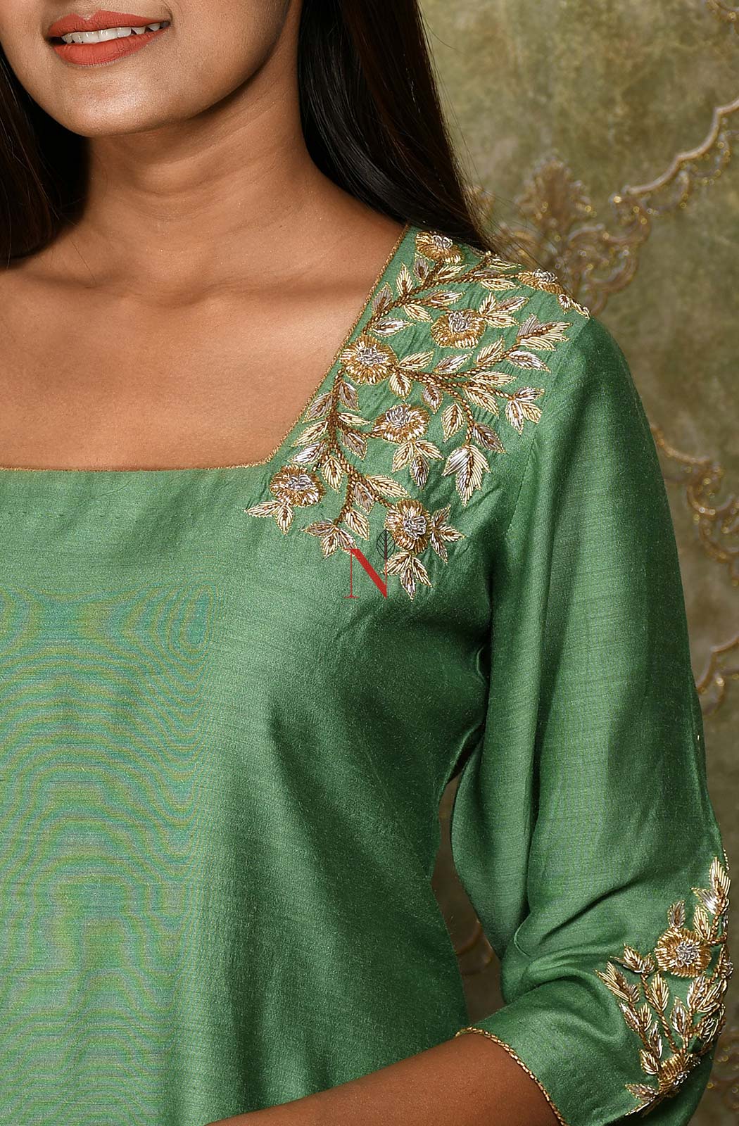 Pista Green Color Pure Muga Silk Suit Set Hand Embroidery - Sage - Naksheband