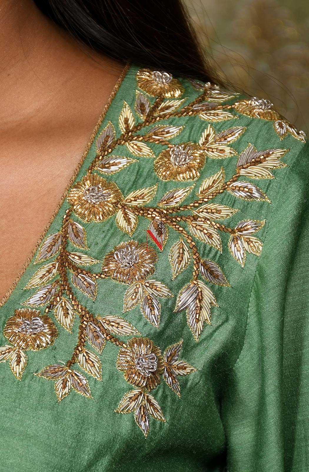 Pista Green Color Pure Muga Silk Suit Set Hand Embroidery - Sage - Naksheband