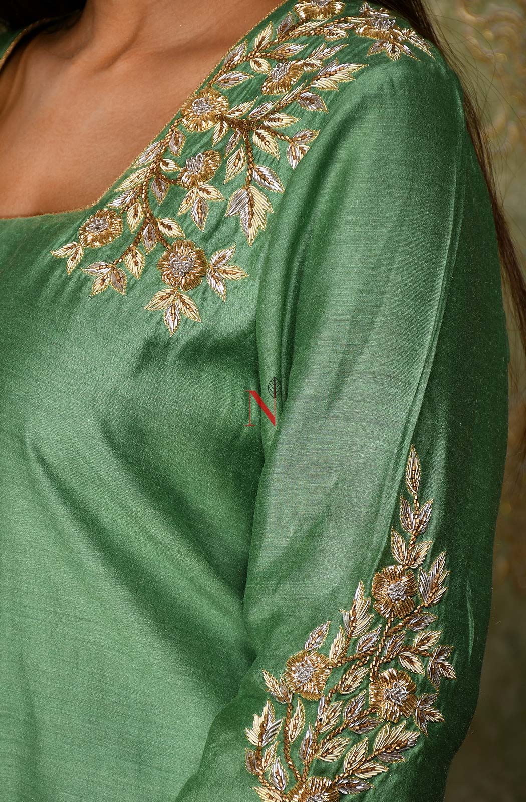 Pista Green Color Pure Muga Silk Suit Set Hand Embroidery - Sage - Naksheband