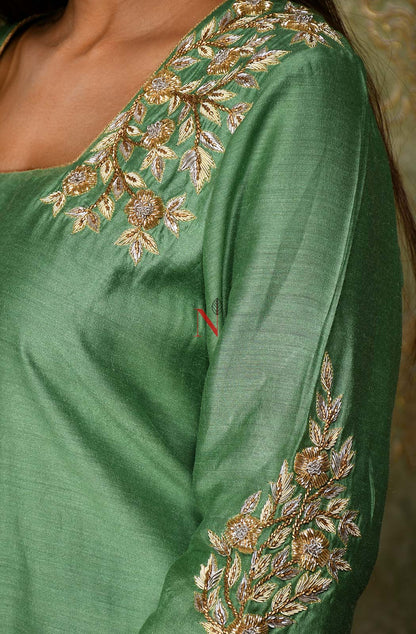 Pista Green Color Pure Muga Silk Suit Set Hand Embroidery - Sage - Naksheband