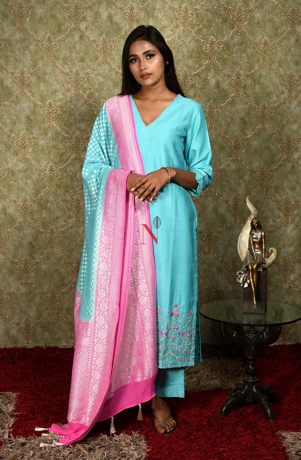 Firozi Pure Muga Silk Hand Embroidered Suit Set - Naksheband
